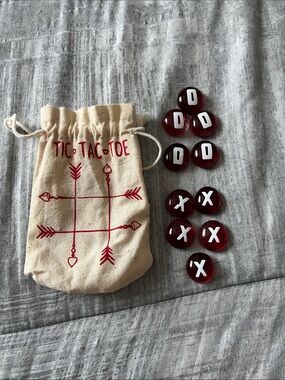 Tic Tac Toe Travel Set with Burgundy Glass Markers and Canvas Pouch